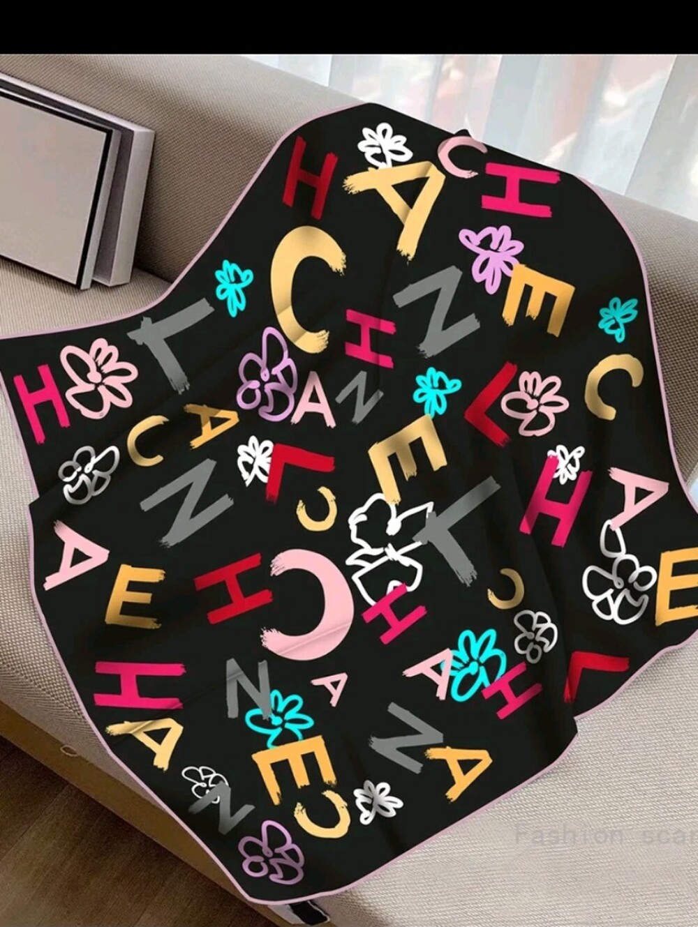 Stylish Black Floral Letter Print Silk Scarf Wrap